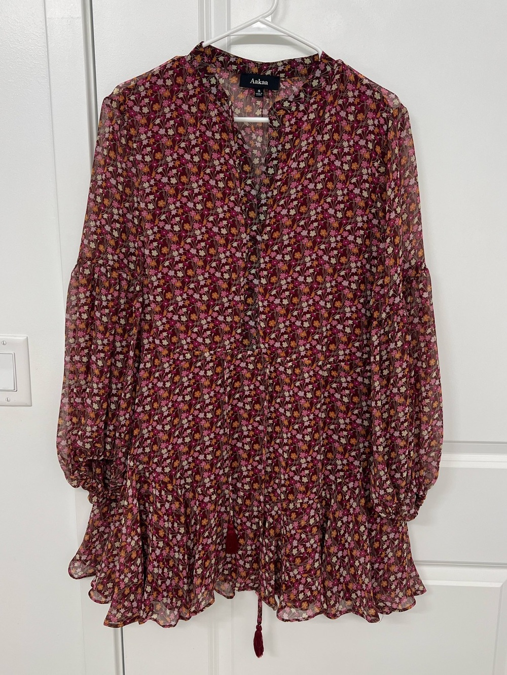Aakaa Burgundy Floral Tie-Front Dress- S